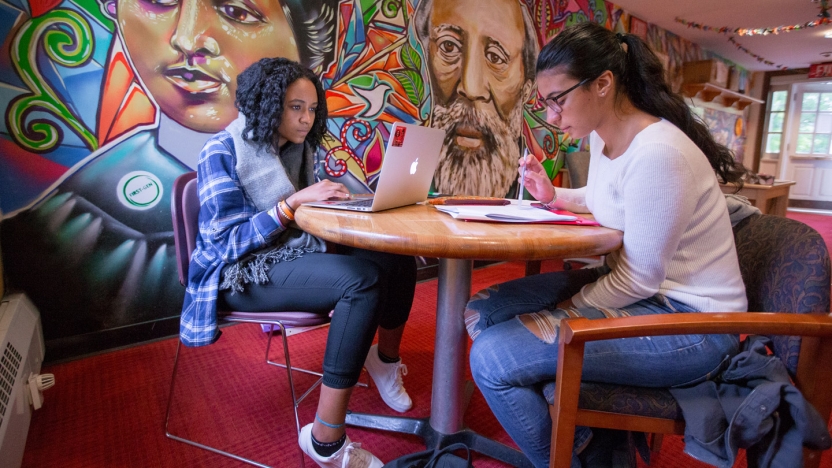 Two woman study beside a full sized colorful wall mural in Middlebury's Anderson Freeman Resource Center, 