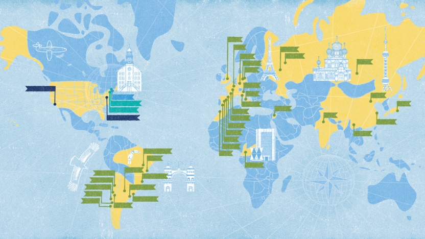 A map of the world that shows where Middlebury has schools and programs