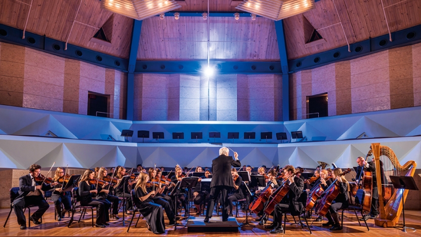 The orchestra performs in the Robison Concert Hall.