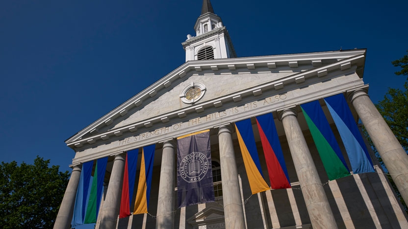 The colorful and welcoming flags of Mead Chapel.