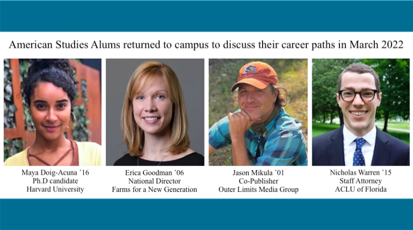Image of four American Studies alums who visited campus in 2022