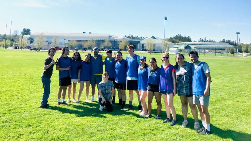 Students after a soccer game on campus.