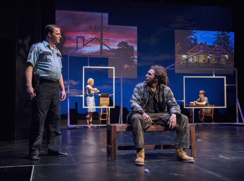 Actor wearing police uniform talking to actor on bench, an actress and actor in background behind windows