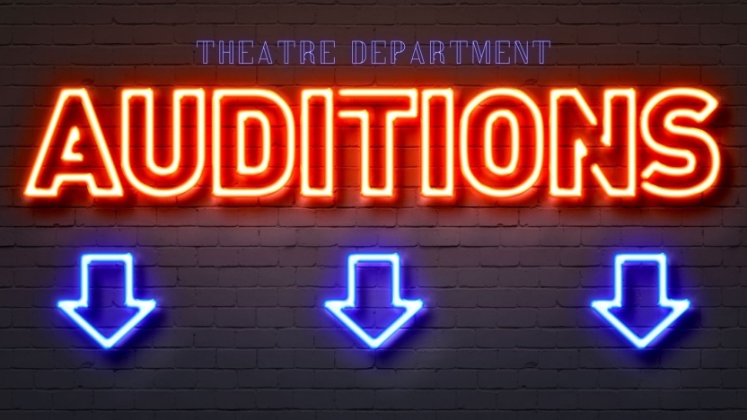 Red neon letters reading "auditions" with blue neon arrows pointing down