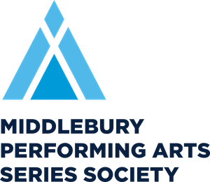 Blue triangle logo above black text reading Middlebury Performing Arts Series Society