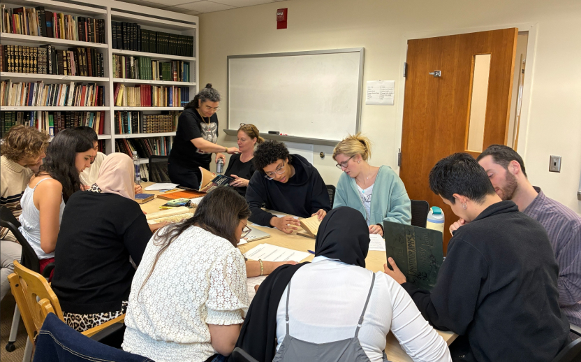 Students learn about Orientalism in Arabic books.