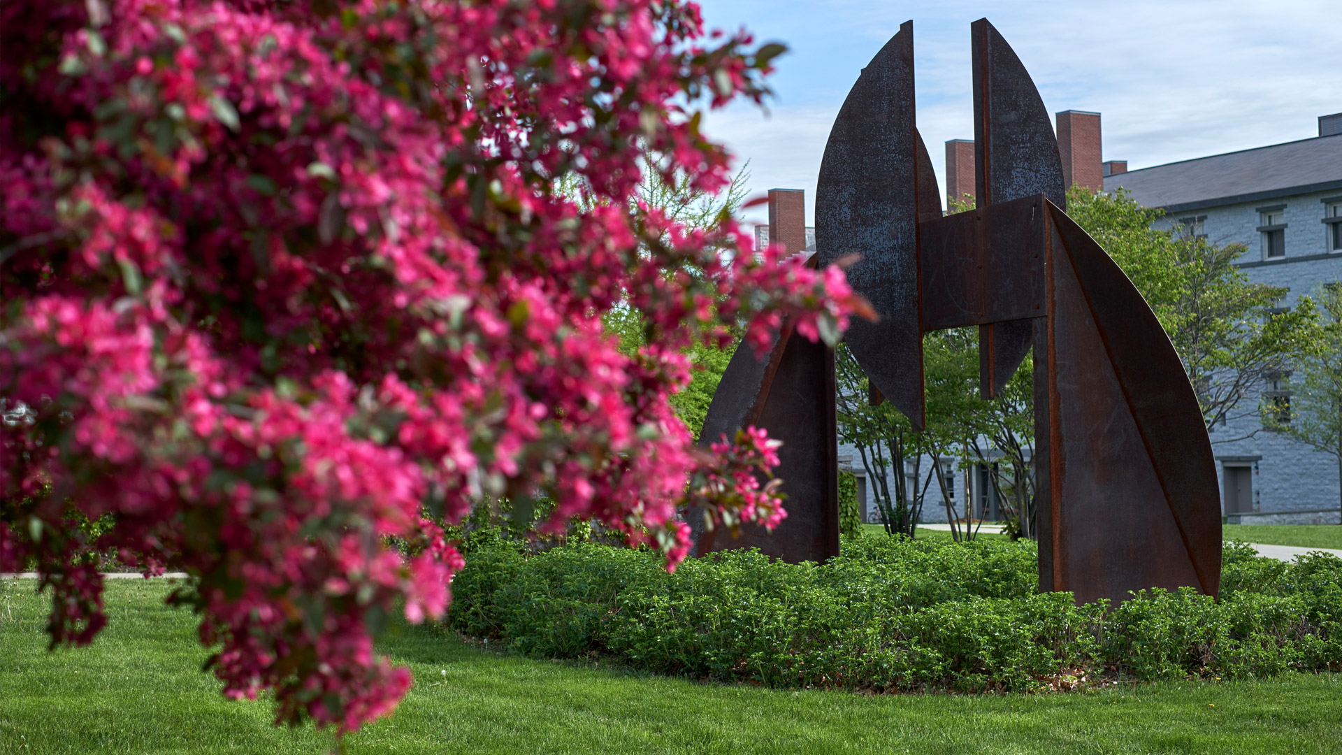 A springtime view of one of the many outdoor sculptures on campus.
