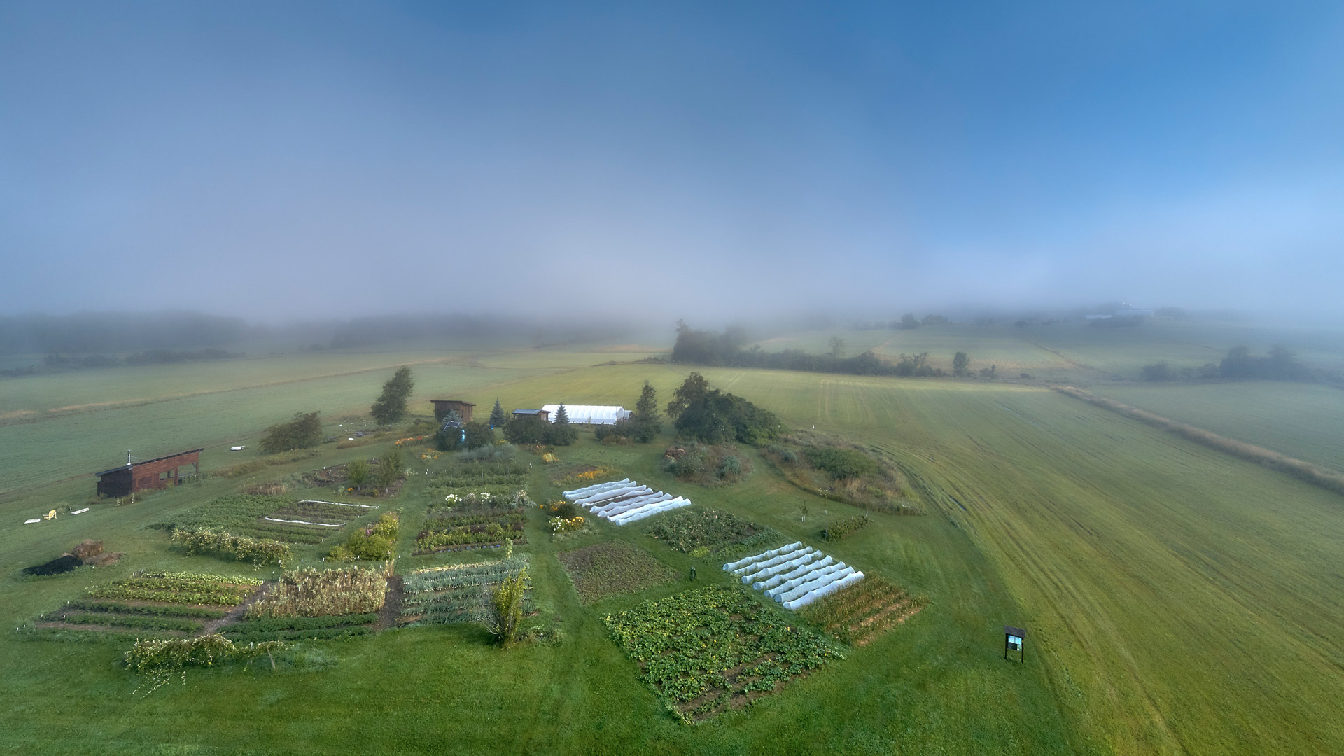 An aerial view of the student-run organic garden at the Knoll.