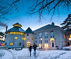 A view of the student union in Winter, early evening