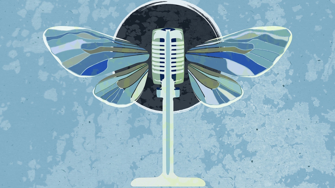 an old fashioned microphone with wings like a moth