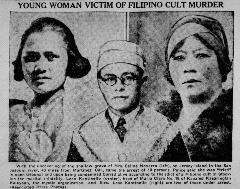 Photo of three women, the woman on the left is Mrs. Celine Novarro, who was tried in an open tribunal and upon being condemned was buried alive.