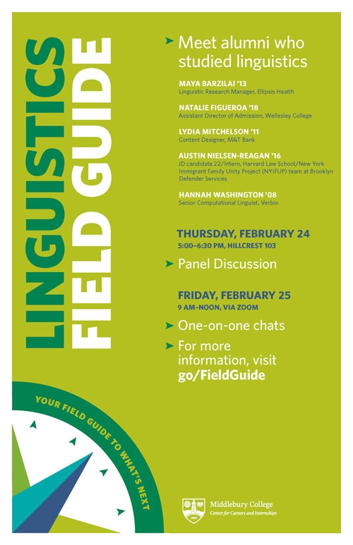 Poster for the Linguistics Field Guide, hosted by the Center for Careers and Internships.