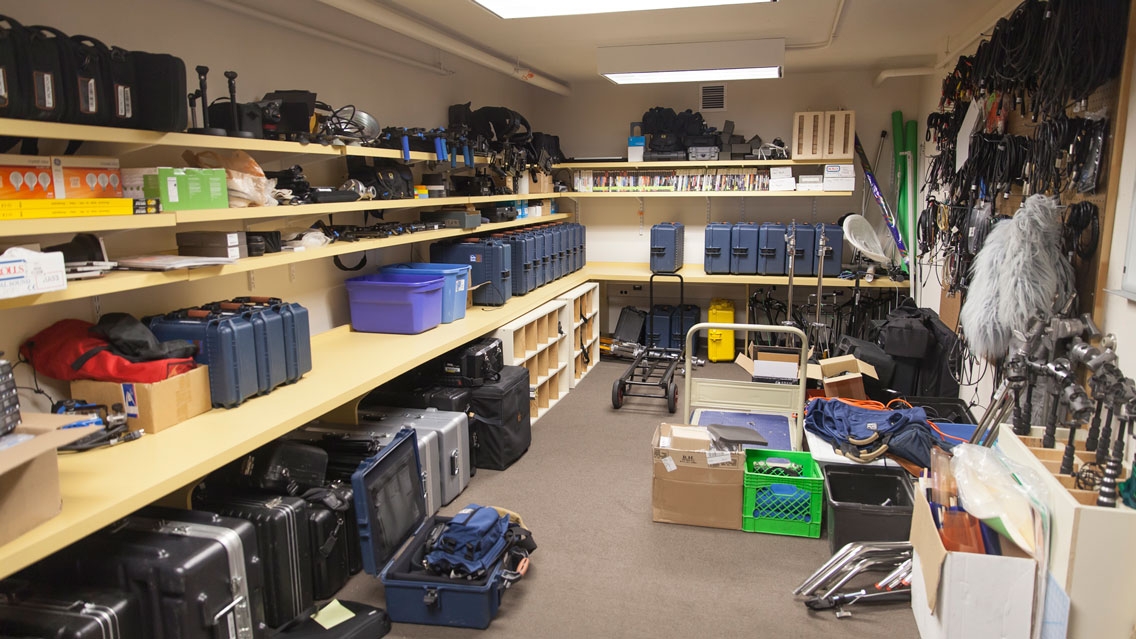 Equipment room in the Film and Media Studies Department.