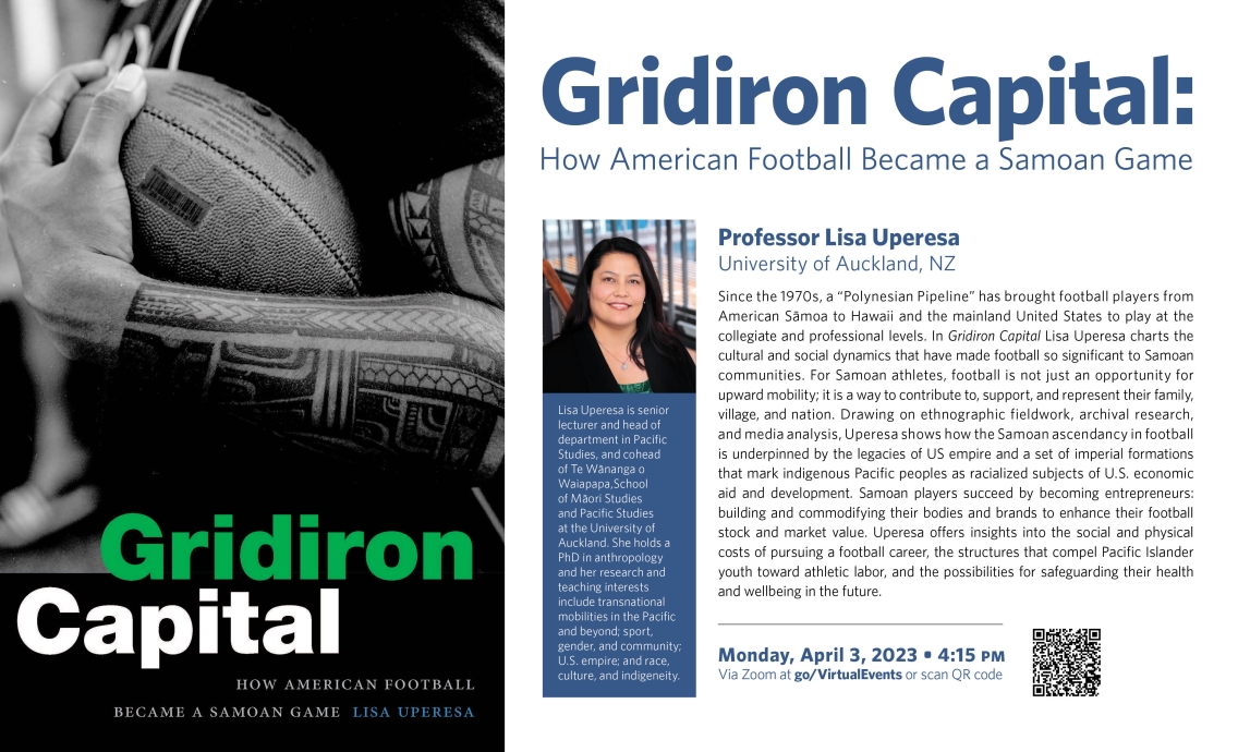 Poster of Lisa Uperesa's Virtual Guest Lecture on 4-3-23 on her book, Gridiron Capital.