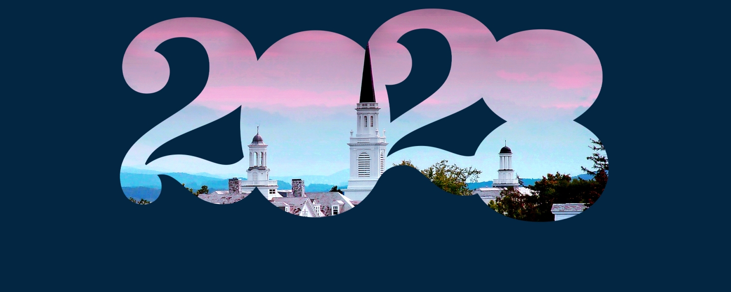 A 2028 graphic with an image of Middlebury's campus inside.
