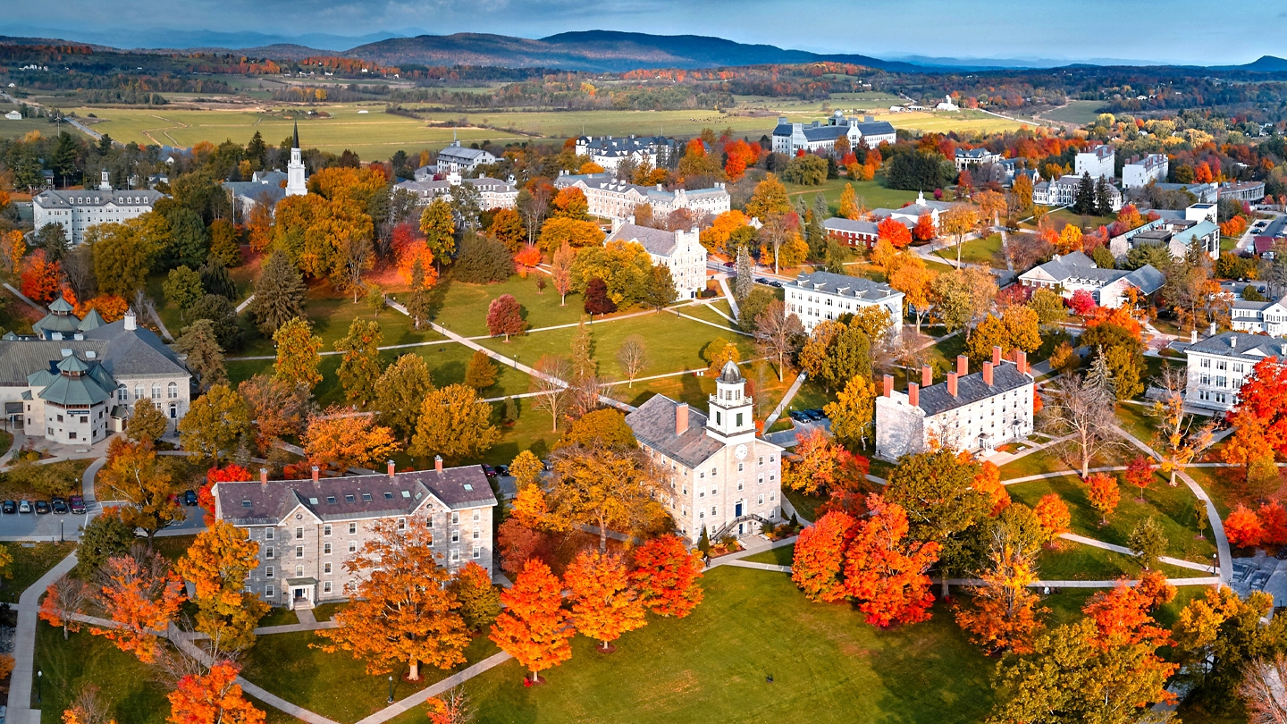 Aerial view of Middlebury campus on a fall day.
