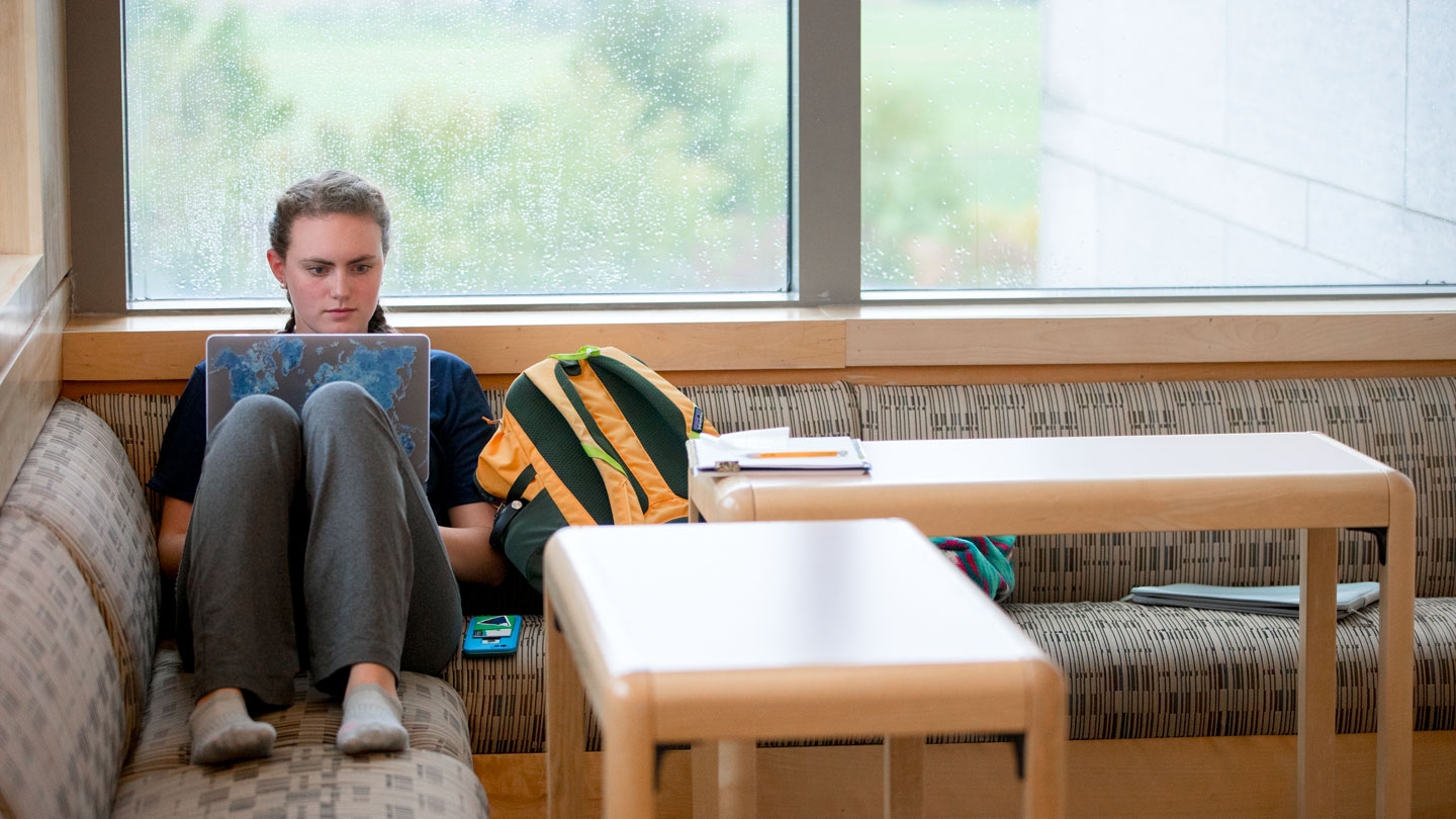 Student studying on a computer in BiHall.