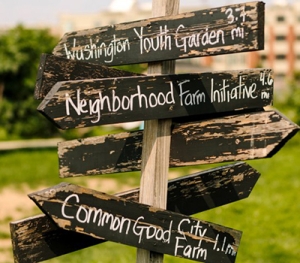 A wooden sign pointing to different farms and gardens.