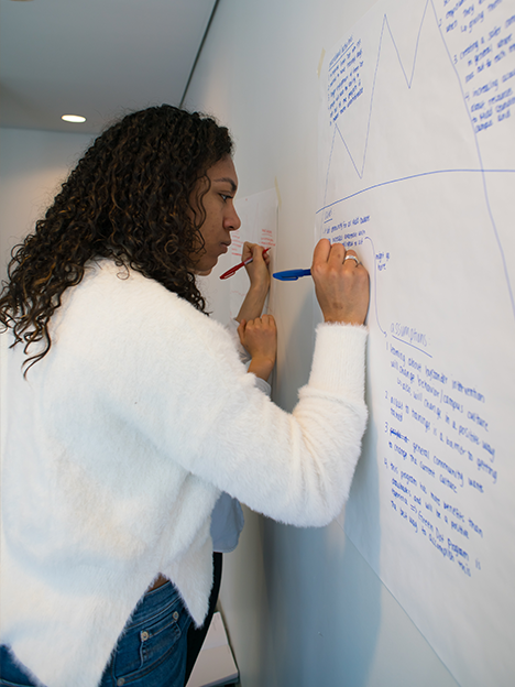 A female student ideates with classmates on a whiteboard.