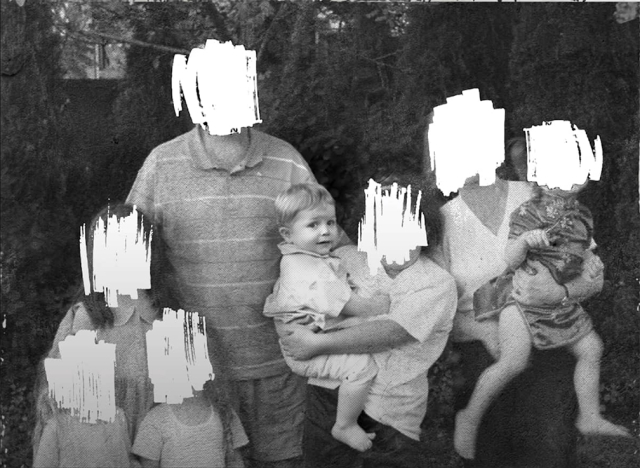 a black and white family portrait with all the faces scratched out except that of a little boy