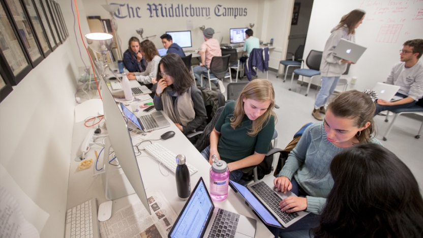 The Middlebury Campus staff works together on a deadline at the student-run newspaper.