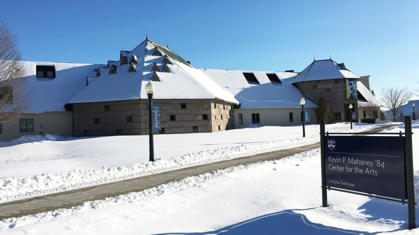 An exterior view of the Mahaney Arts Center in winter.