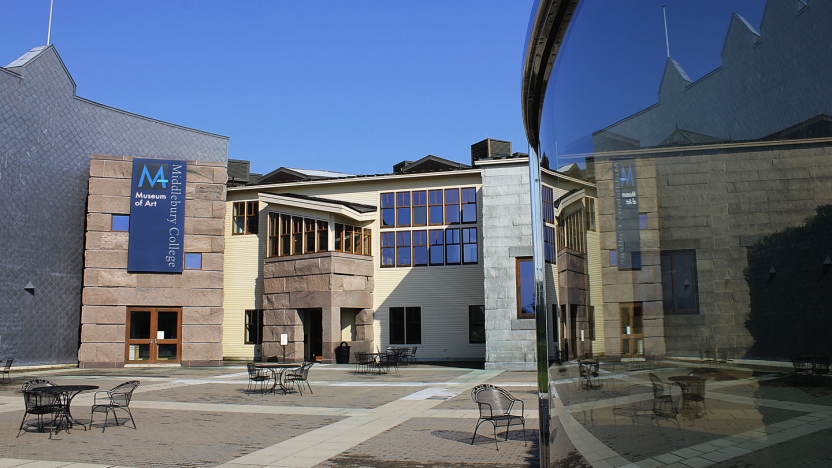 The plaza behind the Mahaney Arts Center that features the entrance to the Museum.