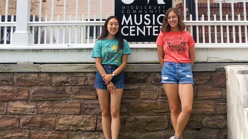 Middlebury students stand in front of local Middlebury Music Center