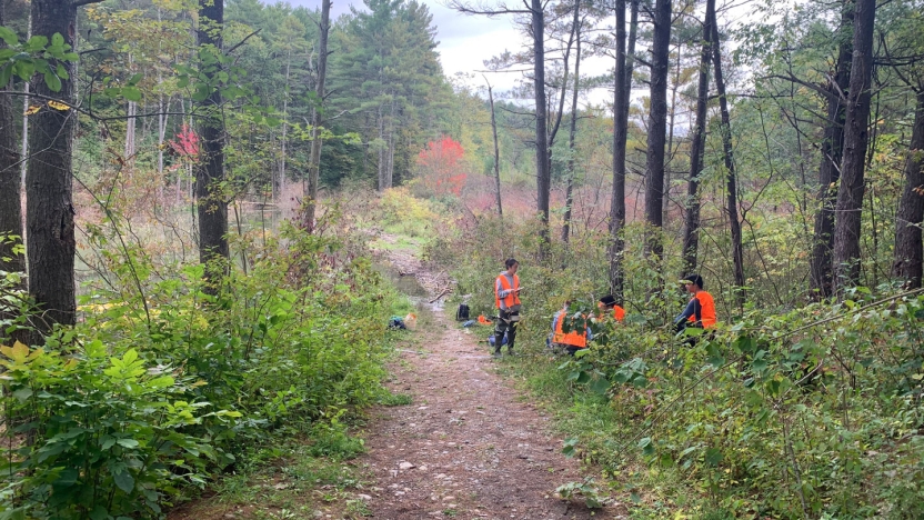 "Students in BIOL 0308 Mammalogy work to monitor the beavers whose handiwork is flooding trails at The Watershed Center in Bristol, VT"