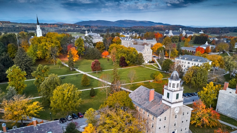 Aerial view of campus in fall.