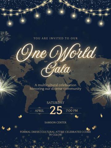 Flyer titled one world gala with time and location details