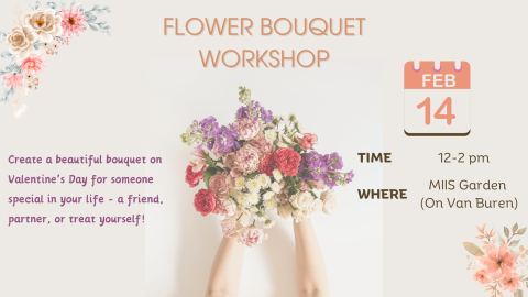 Light pink background with bouquets of flowers advertising the flower bouquet workshop on February 14.