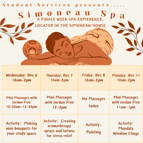 Simoneau Spa: a finals week spa experience, located in the Simoneau House. Picture of a woman relaxing.