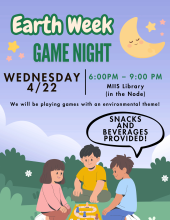 The image is of a flyer advertising the Earth Week Game Night in the MIIS Library. The event will be held in the MIIS Library Wednesday April 22nd from 6:00 pm to 9:00 pm. Snacks and beverages will be provided.
