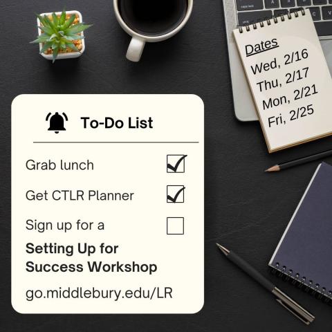 Image of a plant, a coffee cut, a computer keyboard, and a to-do list