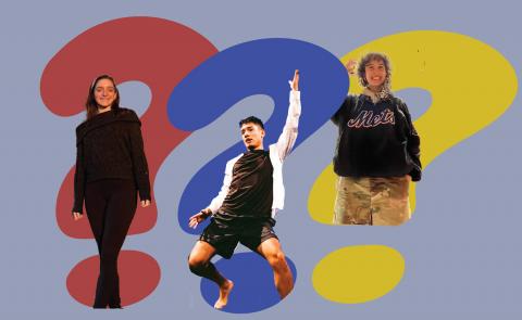 Three student dancers standing on red, blue, and yellow question marks