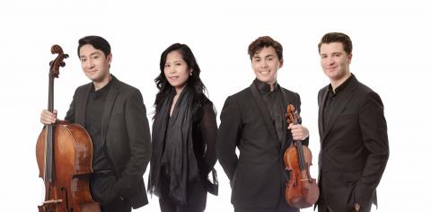 4 people standing against a white background