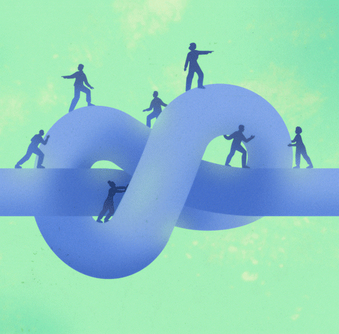 Graphic depicting several human figures on and in a large blue knot