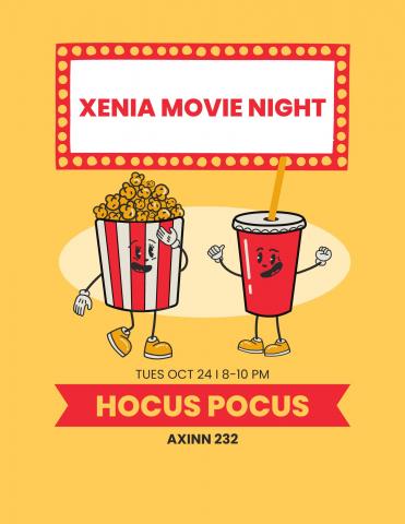 Yellow poster with popcorn and soda images advertising Hocus Pocus movie