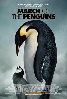 Movie poster for 'March of the Penguins' - Emperor penguin looks down at its baby penguin at its feet. 