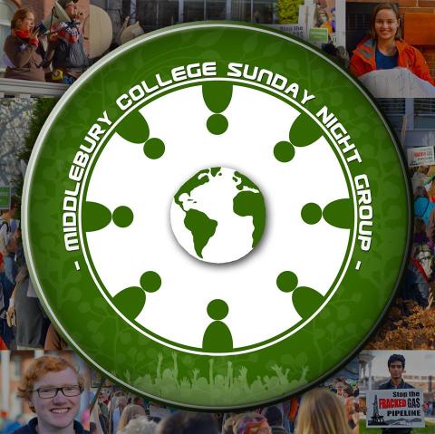 Green circle with a smaller circle of the world inside in green and white. Outside the green circle are photos of enviornmental events
