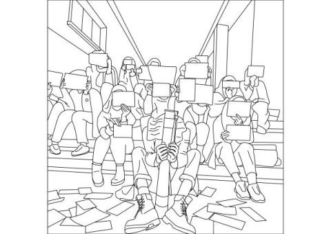 black and white drawing of people sitting with something in front of their faces