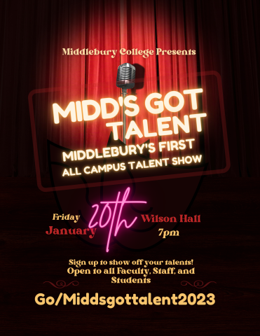 Microphone in front of a closed curtain with the details of the event for the first all campus talent show. Friday, January 20th in Wilson Hall at 7pm