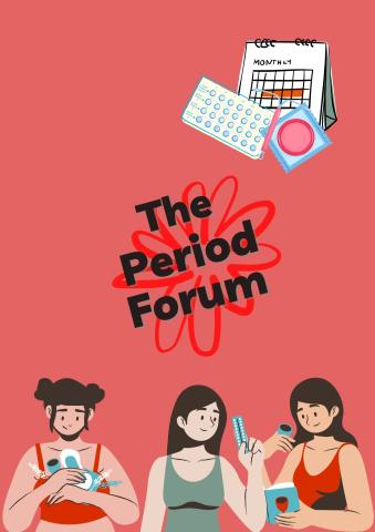 Pink poster with three women all holding a different feminine product advertising a forum to discuss women's issues