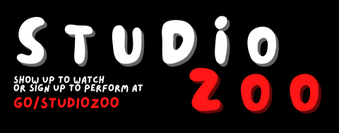 Black backrgound with words "studio Zoo," and instructions on how to sign up 