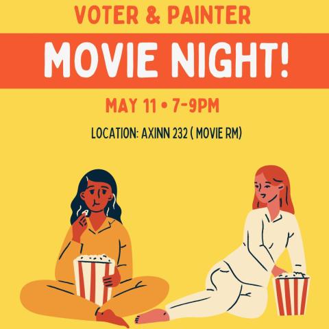 Orange and yellow poster with two people enjoying popcorn while watching a movie