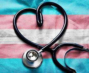 Stethoscope in the shape of a heart on the trans flag
