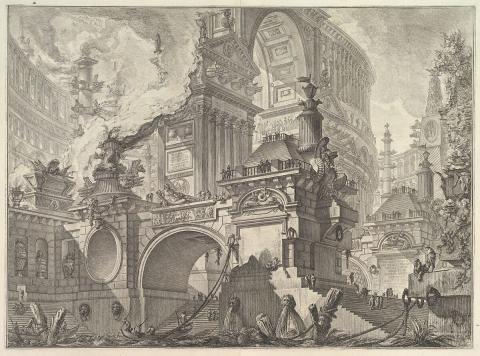 Etching by Giovanni Battista Piranesi showing dramatic architectural subjects