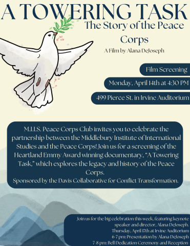 Flyer advertising a film screening of the documentary, A Towering Task. April 14th at 4:30 PM at Irvine Auditorium.