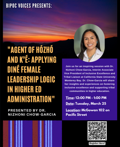 BIPOC Voices, guest speaker on Tuesday March 25th from 12-1pm on Zoom and in McGowan 102.
